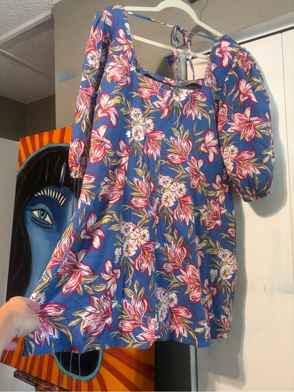 NWT A New Day L Blue Bold Floral Cotton Linen Puff Sleeve Mini Dress Pockets - Picture 8 of 10